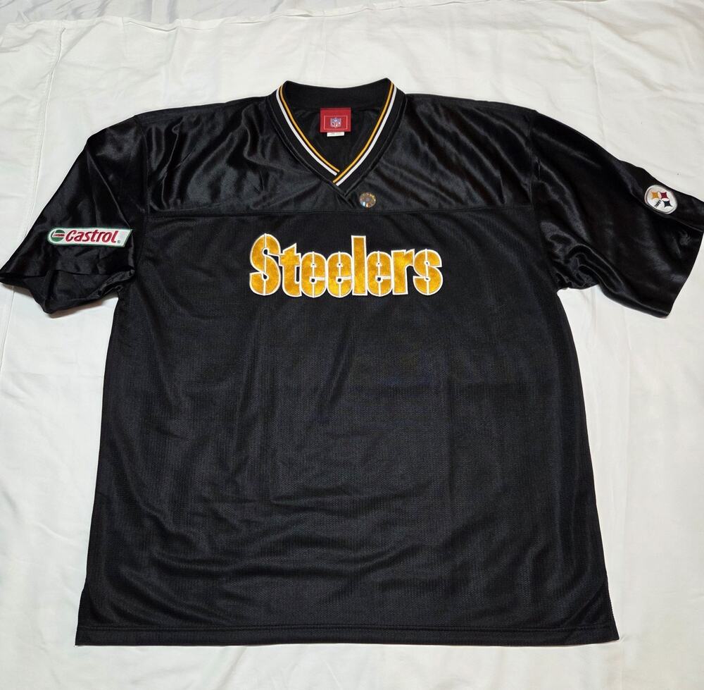 Vintage NFL Pittsburgh Steelers V Neck Jersey One Size Castrol Black Polyester